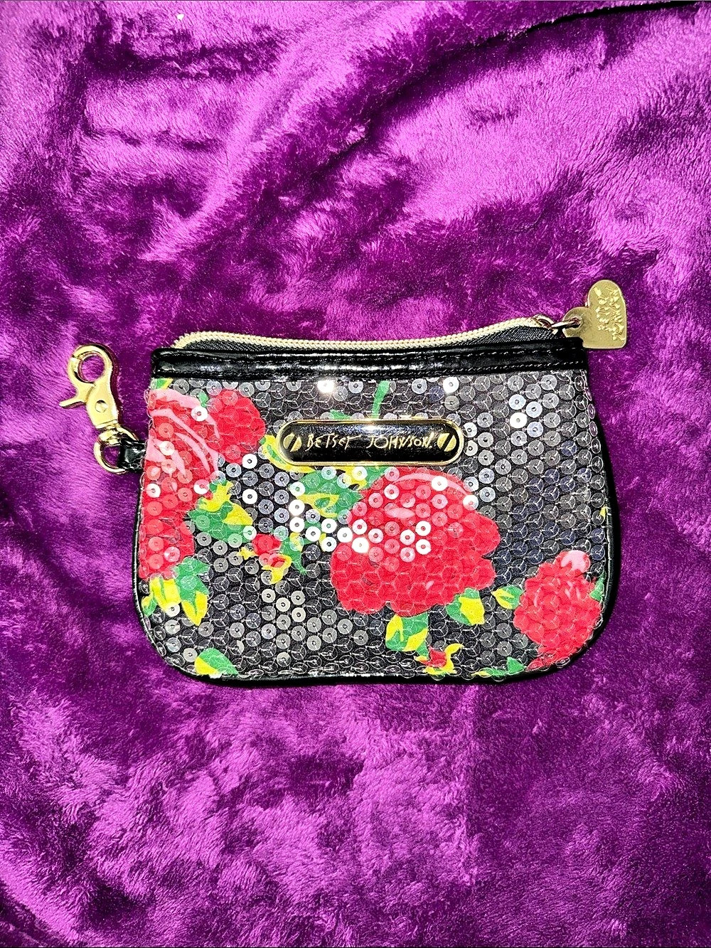 Betsey Johnson Floral Sequin Pouch Black & Red Like New
